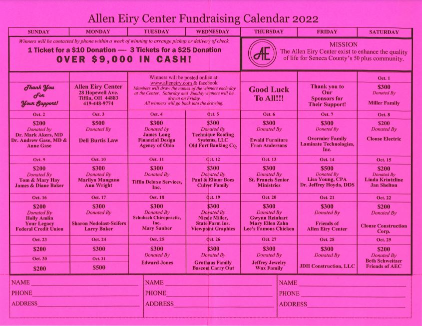 Allen Eiry Center's Annual October Calendar Fundraiser